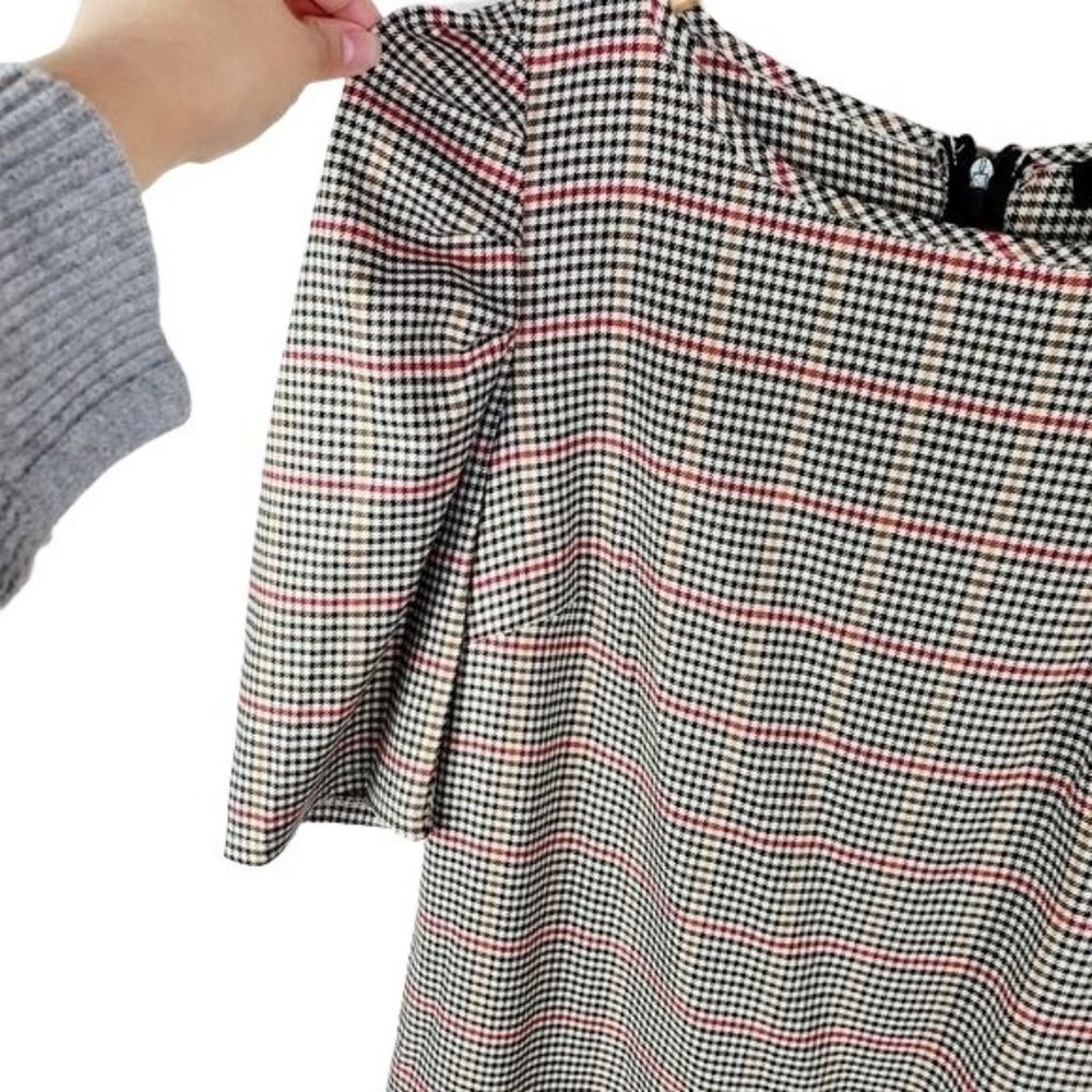 Tacera Herringbone puff sleeves dress Small Cream Pencil Red plaid - Picture 4 of 9